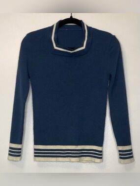 70s Vintage Women's Navy Cowl Sweater with Cream Stripe Trim